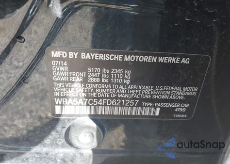 2015 BMW 528I xDrive из США, поврежденный, VIN WBA5A7C54FD621257